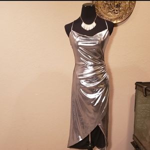 Nwt Bardot sexy silver lame' shiny bodycon disco high low dress